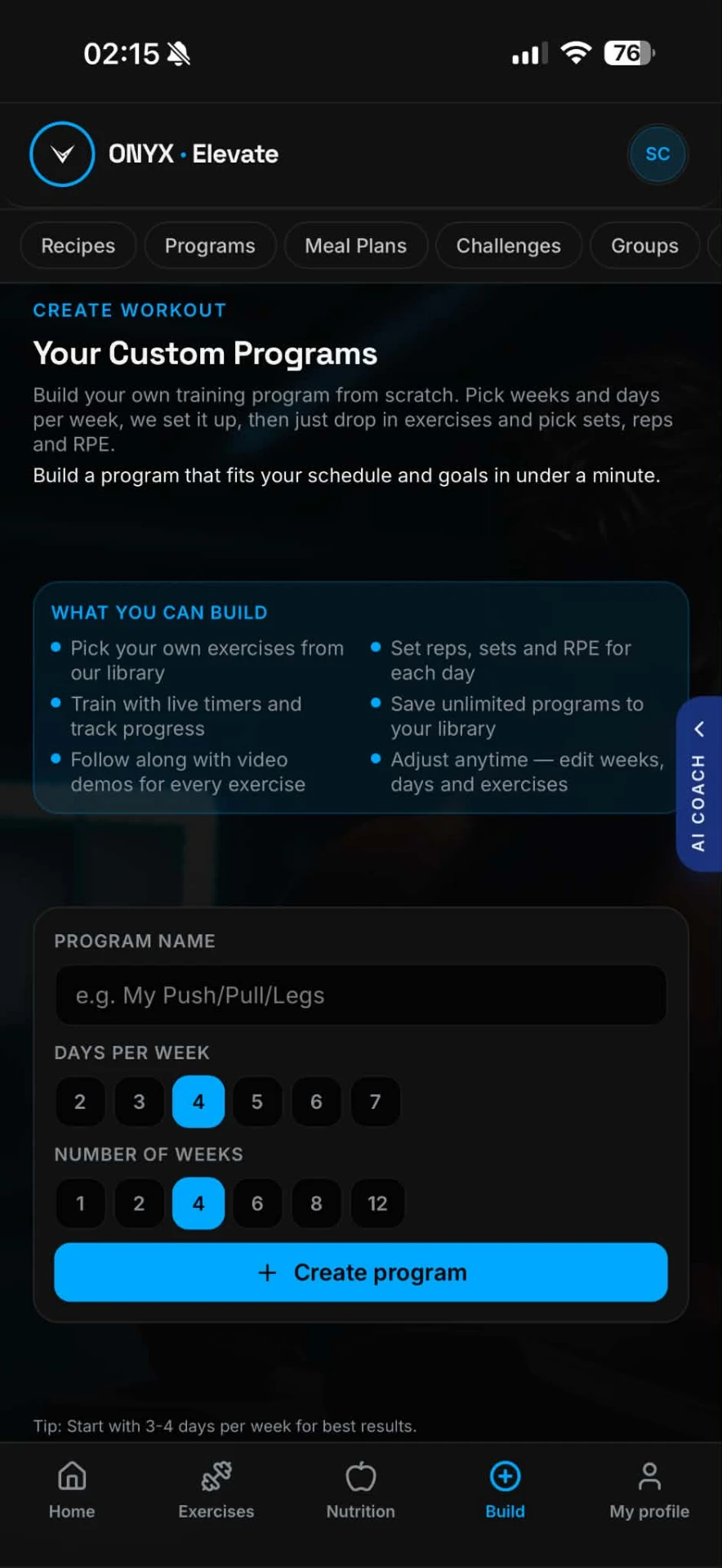 Onyx Elevate custom program builder
