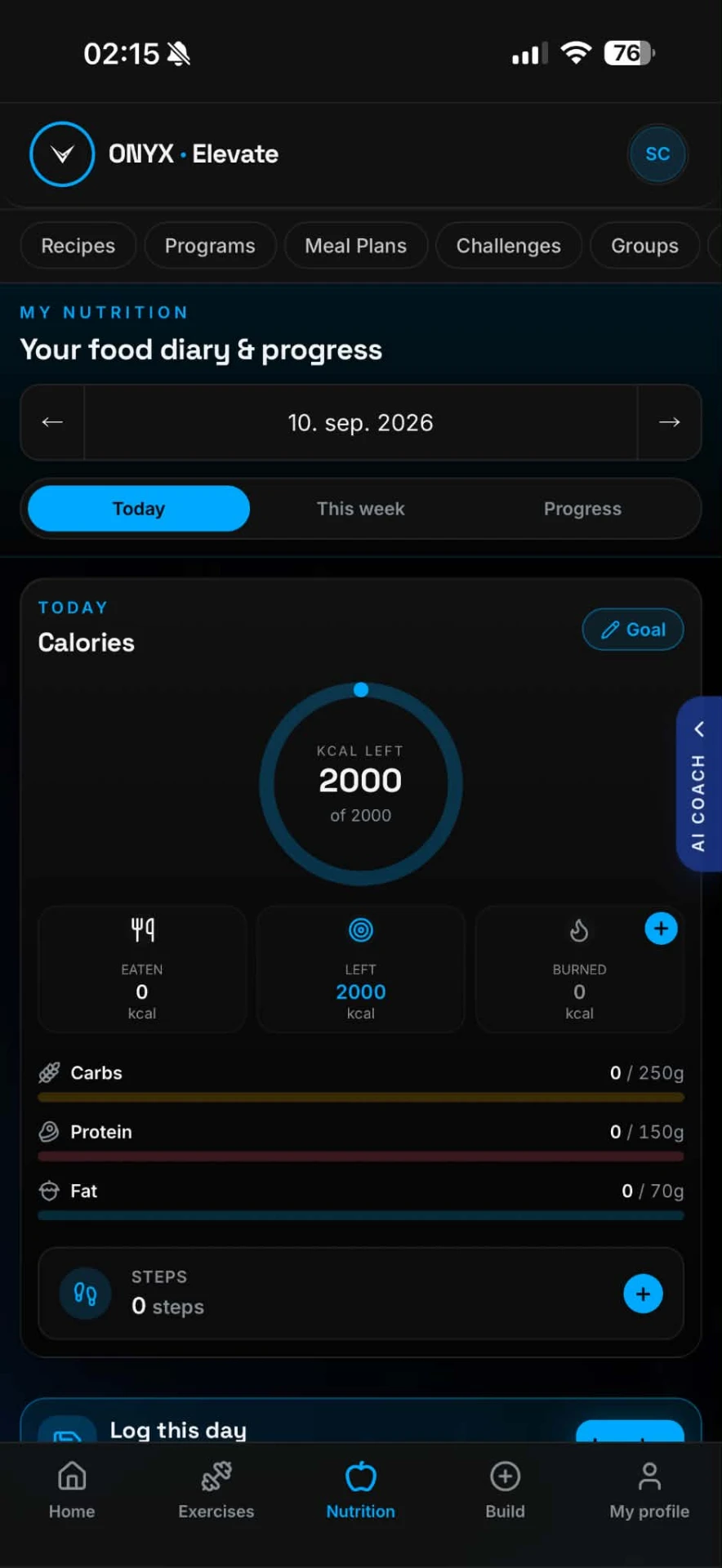 Onyx Elevate nutrition log with calories and macros