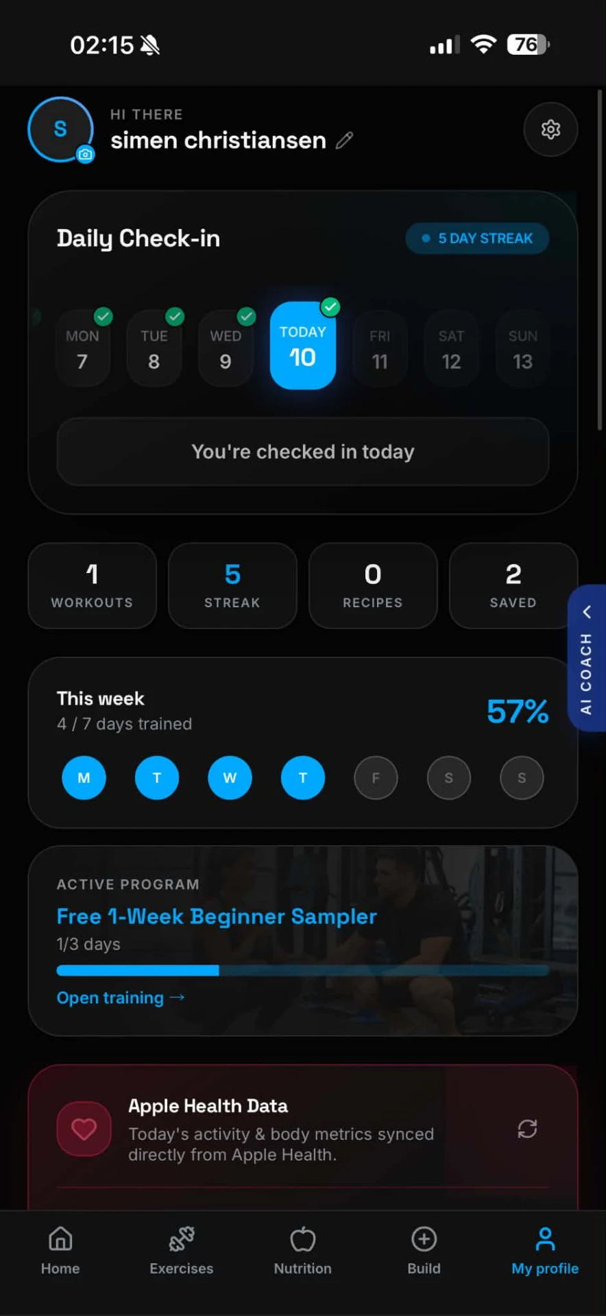 Onyx Elevate profile with streaks, program and Apple Health sync